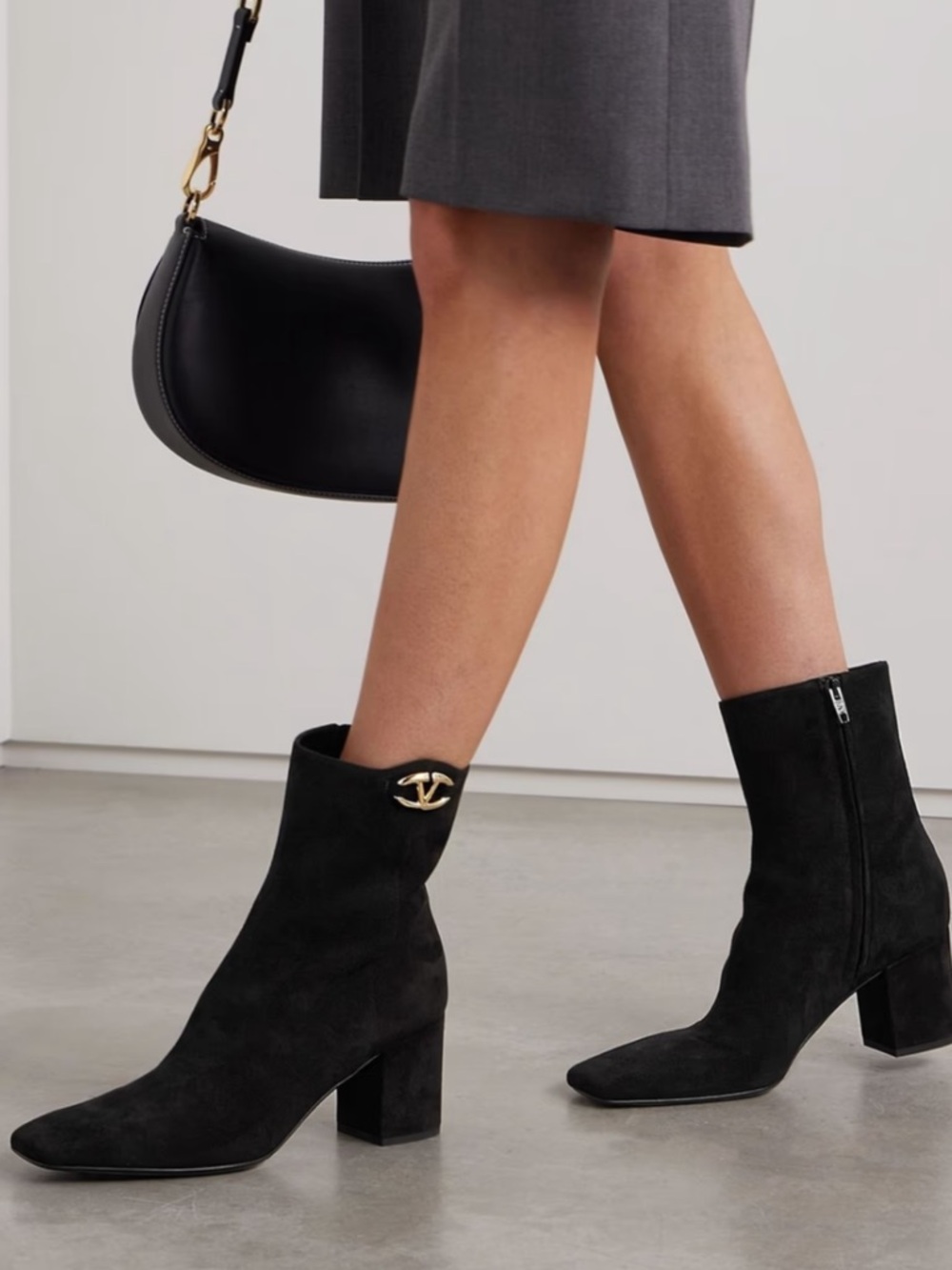 Valentino Garavani Black Suede Ankle Boots with Gold Logo